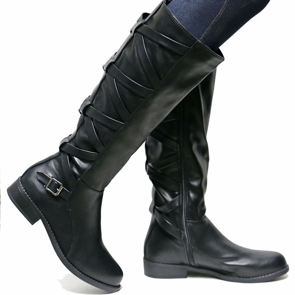 Shoes - New Black Strappy Knee High Riding Boots